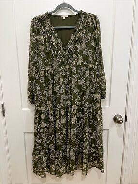 Kate & Sam Floral Olive Green Floral V-Neck Tiered Dress Size Medium